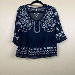 Free People Top Blouse Embroidered Oversized White Black Size XS